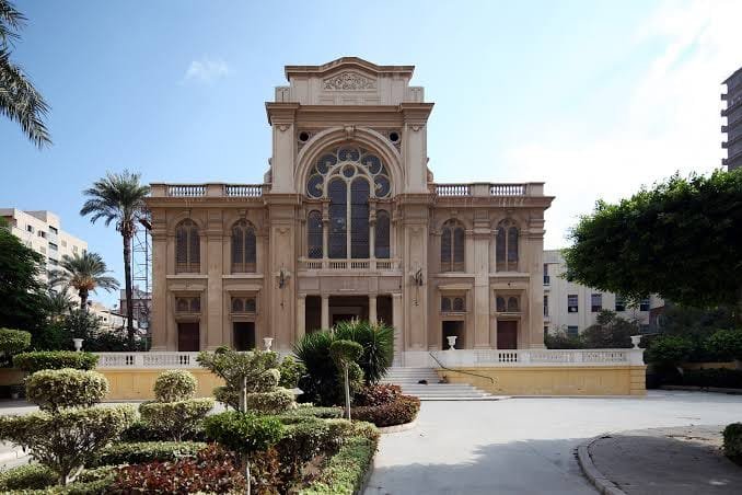Historic Eliyahu Hanavi Synagogue in Alexandria, Egypt, with its ornate architecture and arched windows